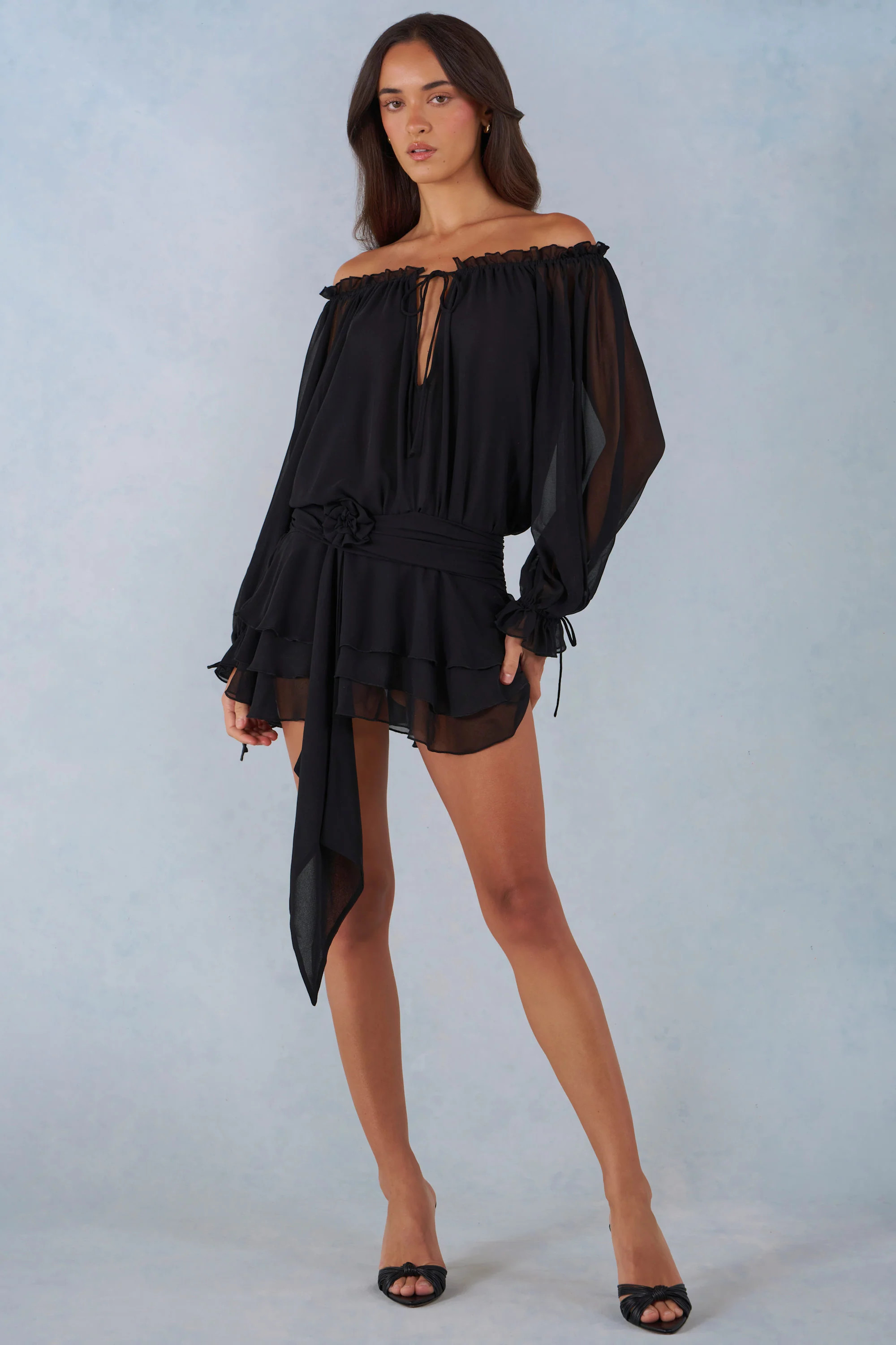 Off-Shoulder Balloon-Sleeve Mini Dress in Black | Oh Polly