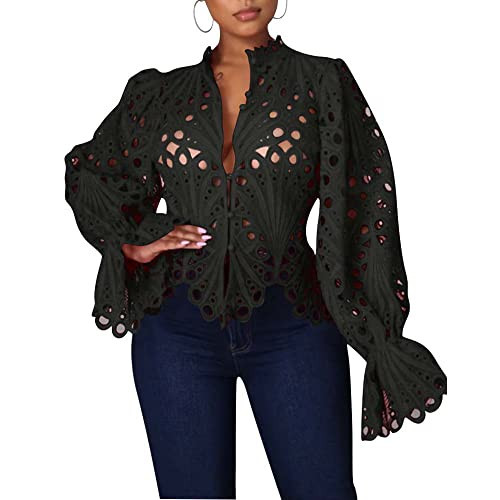 aihuajie Women’s Sexy Ruffle Long Sleeve Summer Lace Tops 2024 Puff Flare Shirt V Neck Hollow Out Button Down Tunic Blouses (B1,M) | Amazon (US)