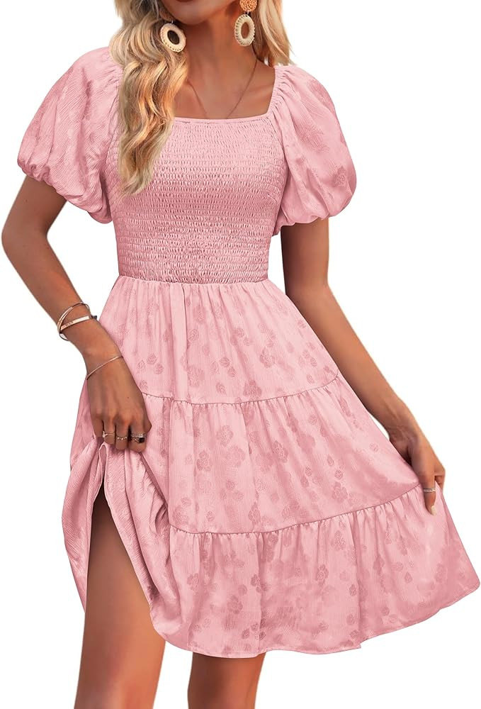 dowerme Womens Summer Dresses 2025 Puff Short Sleeve Square Neck Smocked Floral Wedding Guest Min... | Amazon (US)