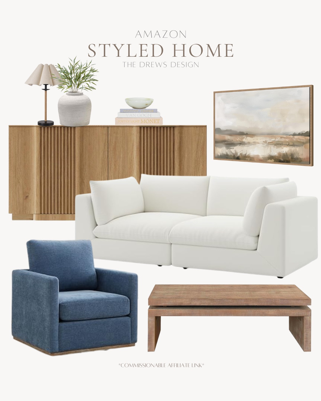Amazon styled home includes coffee table, accent chair, couch, wall art, console, table lamp, vase, greenery stems, decorative books, and decorative bowl.

Neutral decor, looks for less, neutral home, coastal home, living room decor 

#LTKFindsUnder100 #LTKHome #LTKFindsUnder50