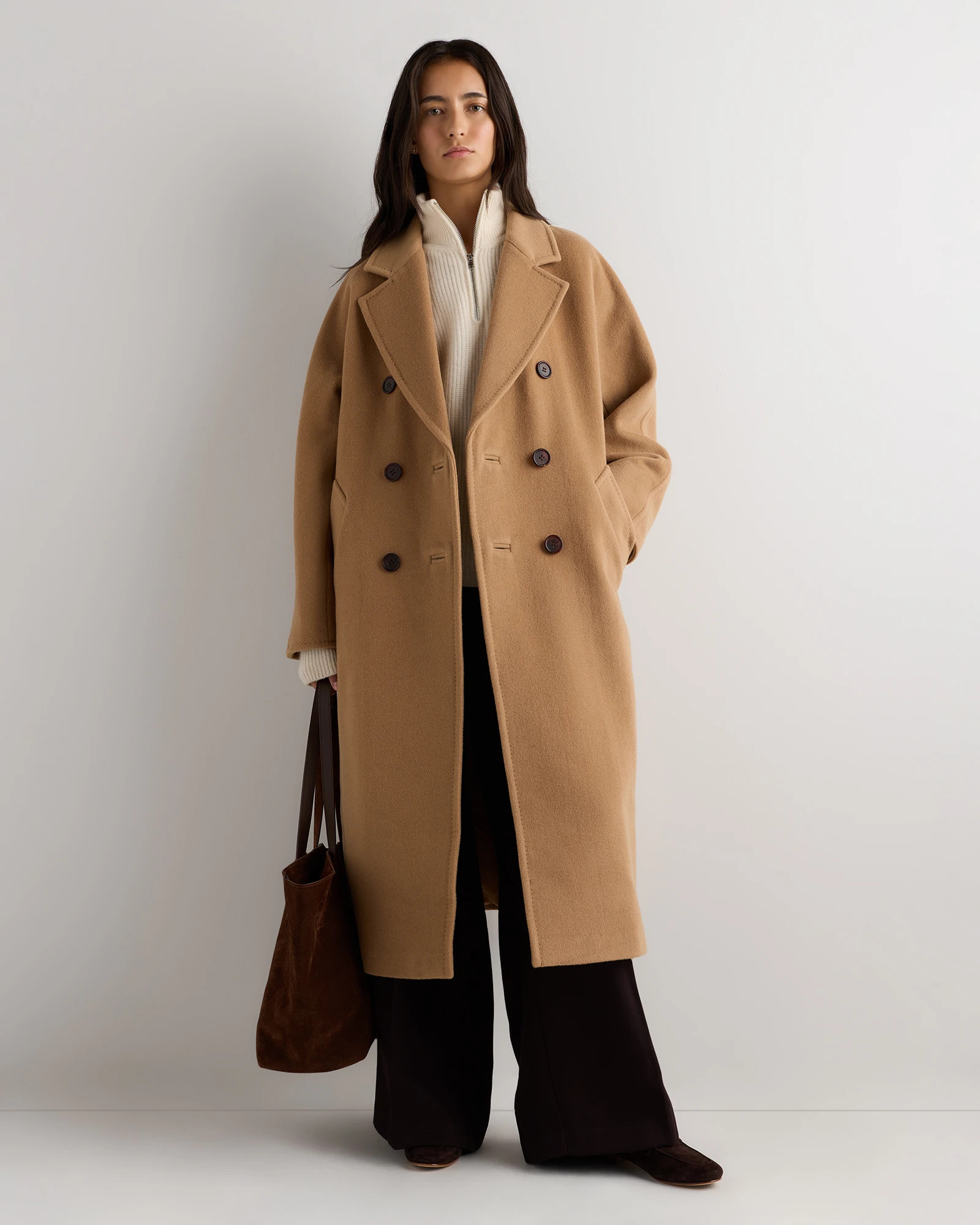 Quince | Women's Wool Cashmere Double-Breasted Belted Long Coat in Melange Sand Dune, Size Small | Quince