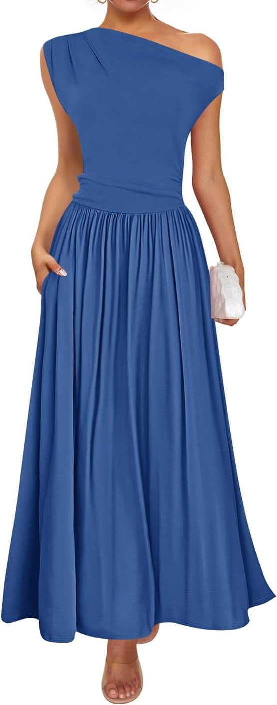 ZESICA Women's Summer 2026 Sleeveless Maxi Dress One Shoulder Casual Slim Swing Pleated Formal Dr... | Amazon (US)
