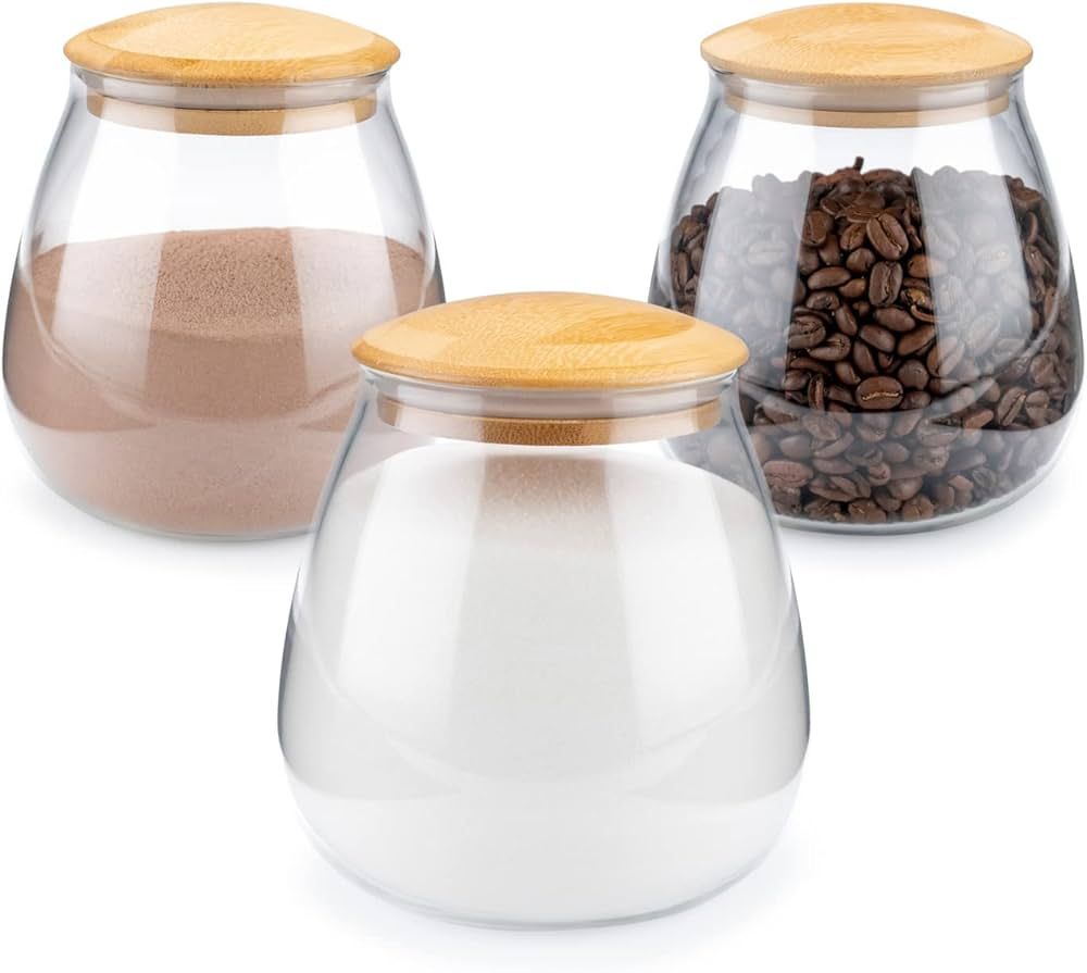 Set of 3 Round Glass Jars With Bamboo Lids - Modern, Glass Storage Containers for Coffee, Sugar, ... | Amazon (US)