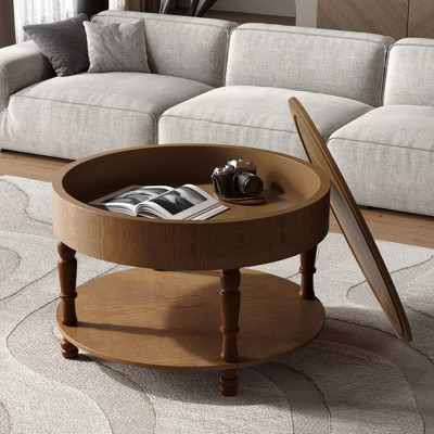 Storage Coffee Table Round Center Table Accent Table Sofa Side Table with Flip-top Lid, Walnut Brown - ModernLuxe | Target