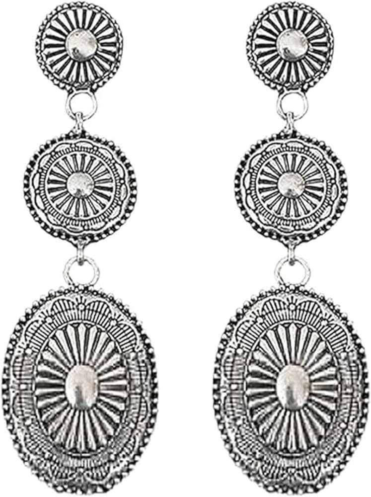 Vintage Silver Disc Sun Pattern Dangle Drop Earrings, Rustic Western Women's Stud Earrings, Boho ... | Amazon (US)