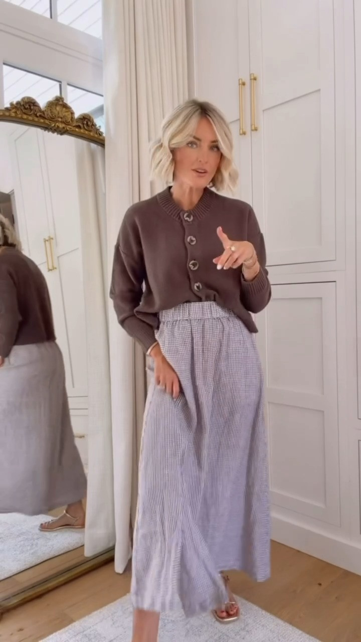 These are both such great transitional pieces! Love this chocolate brown color and the gingham print is a year round look! Wearing small in both 

Loverly grey, quince, brown gingham skirt outfit, transitional fashion, brown button cardigan how to style, fall outfit ideas 

 #LTKootd #LTKSeasonal #LTKWorkwear