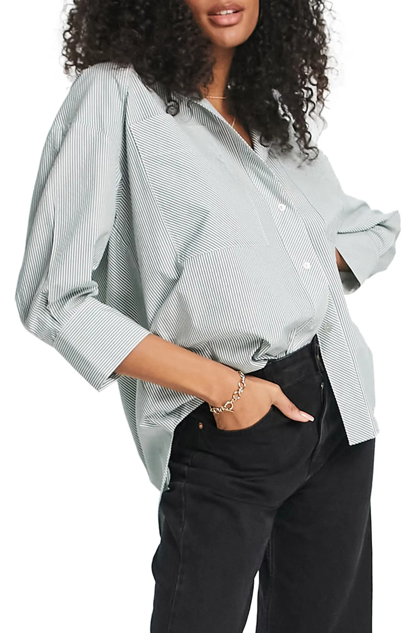 Topshop Stripe Oversize Cotton Poplin Button-Up Shirt in Mid Green at Nordstrom, Size Small | Nordstrom