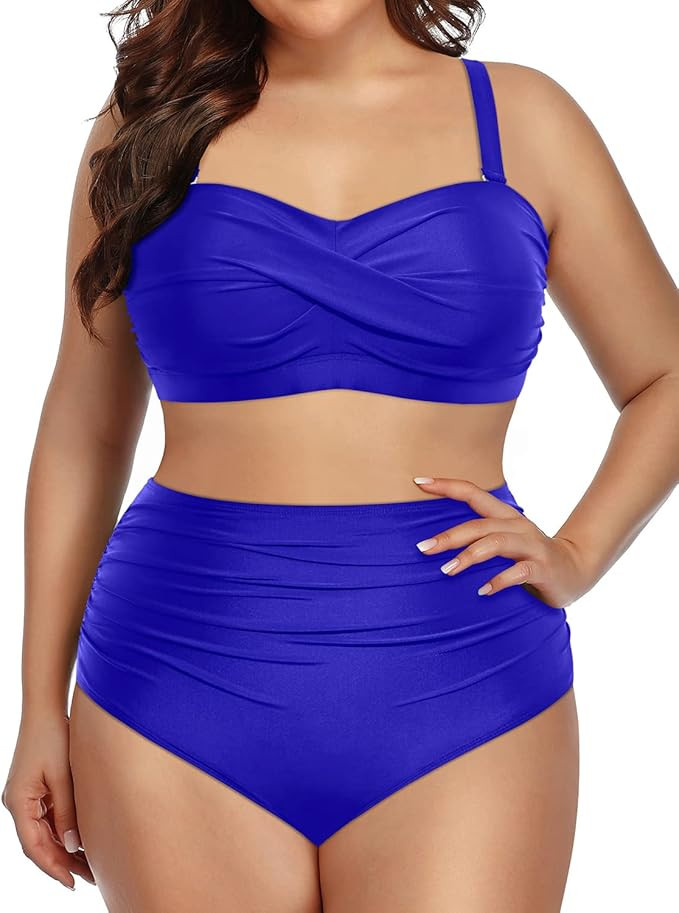 Yonique Women Plus Size Two Piece Swimsuits High Waisted Bathing Suits Bandeau Bikini Tummy Contr... | Amazon (US)