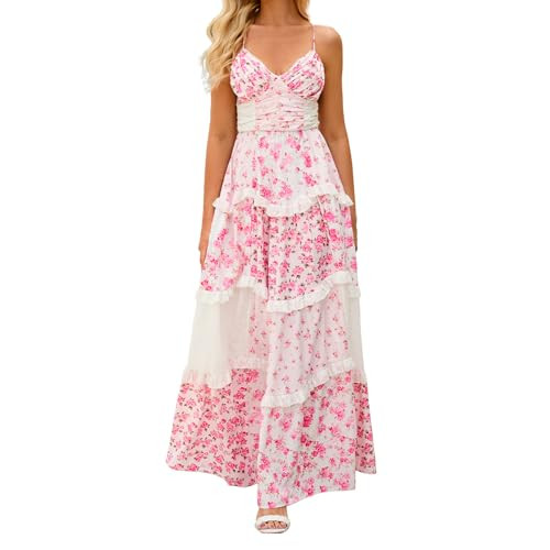 Amazon.com: GUCURIN Women Floral Maxi Dress Spaghetti Strap V Neck Patchwork Bohemian Flowy Dress... | Amazon (US)