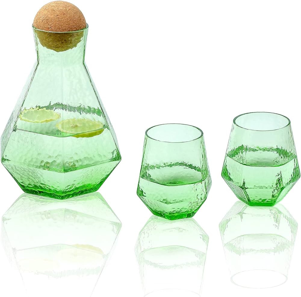 G Bedside Carafe And Glass Set Green, 42.3 oz Nightstand Water Carafe And 2 Drinking Glasses 9.6 ... | Amazon (US)