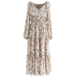 V-Neck Floral Print Frilling Chiffon Dress | Chicwish