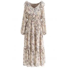 V-Neck Floral Print Frilling Chiffon Dress | Chicwish