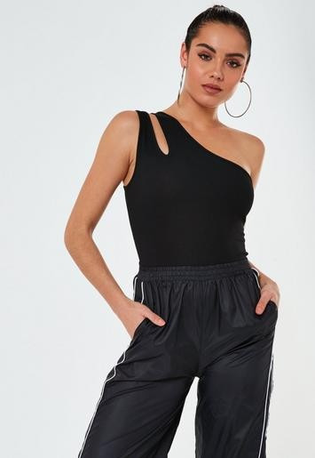 Black Rib Double Strap One Shoulder Bodysuit | Missguided (US & CA)
