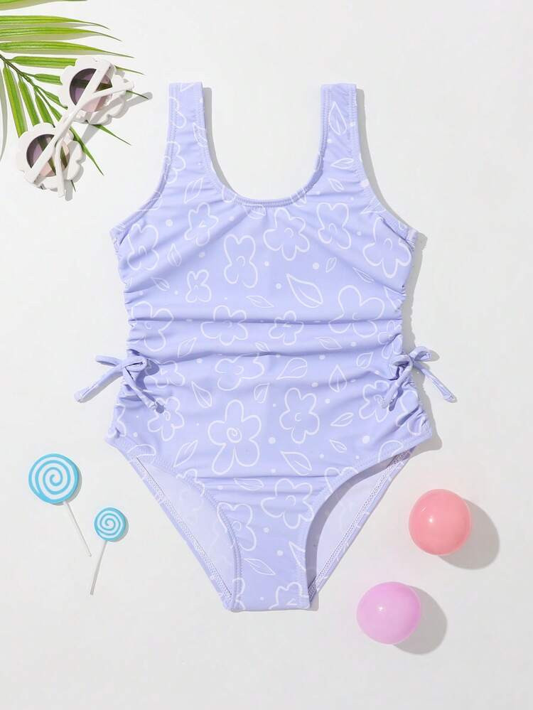 Toddler Girls 1pc Floral Print Ruched Knot Side One Piece Swimsuit
       
              
       ... | SHEIN