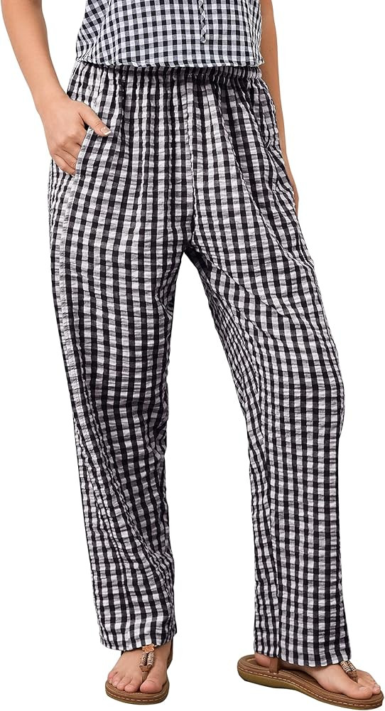 MISSACTIVER Women's Casual Y2K Plaid Pants Mid Rise Wide Leg Trousers Elastic Waist Baggy Loose L... | Amazon (US)