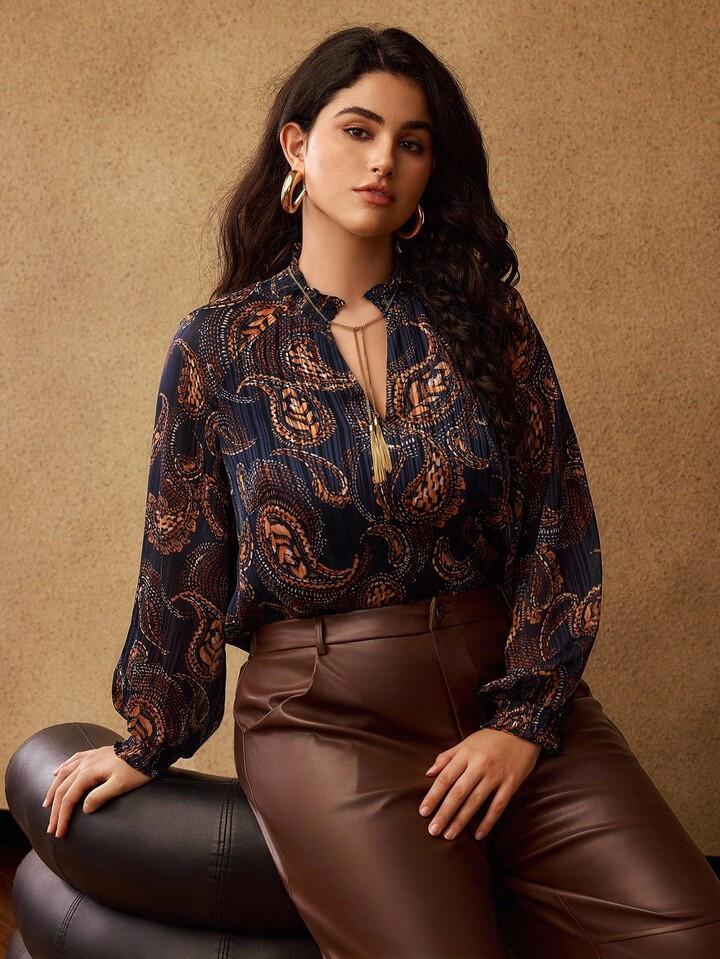 MOTF PREMIUM PLUS SIZE PAISLEY PRINT TASSEL TIE NECK LANTERN LONG SLEEVE BLOUSE, BOHEMIAN CHIC, AUTUMN/WINTER | SHEIN