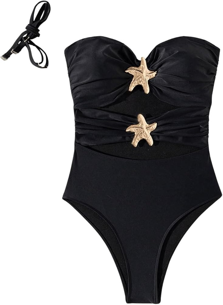 Floerns Women's Cut Out One Piece Swimsuit Ruched Bust Bandeau Beach Bathing Suit | Amazon (US)