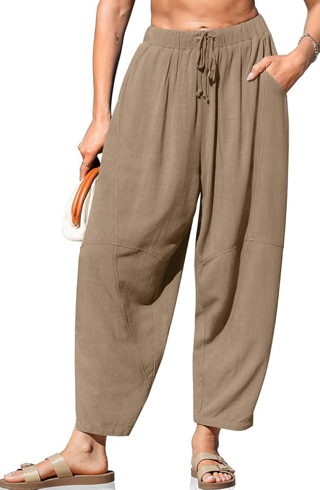 TARSE Women's Linen Harem Pants Casual Loose Fit Wide Leg Cropped Lightweight Drawstring Elastic ... | Amazon (US)