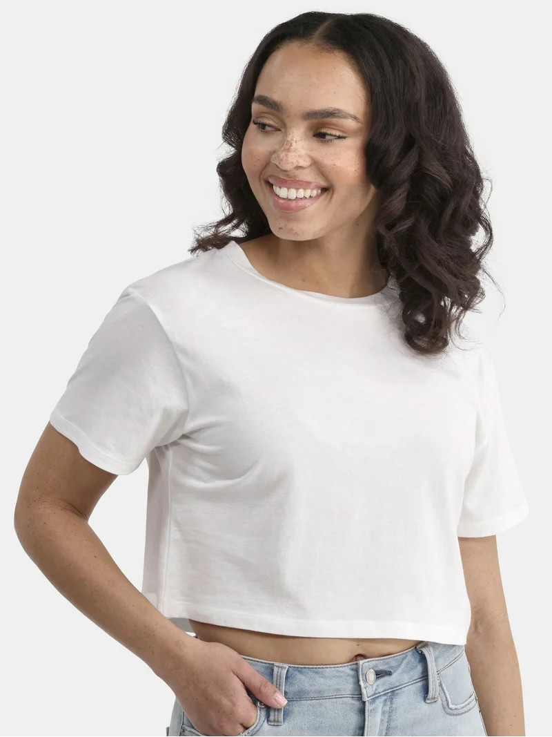 No Boundaries Cropped Boxy Cotton Tee with Short Sleeves, Women's | Walmart (US)