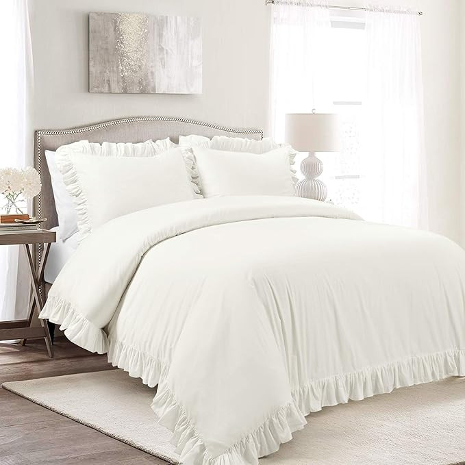 Lush Decor Reyna Ruffle Cotton Duvet Cover Set 3 Piece Set Full/ Queen, White - Queen Size Beddin... | Amazon (US)
