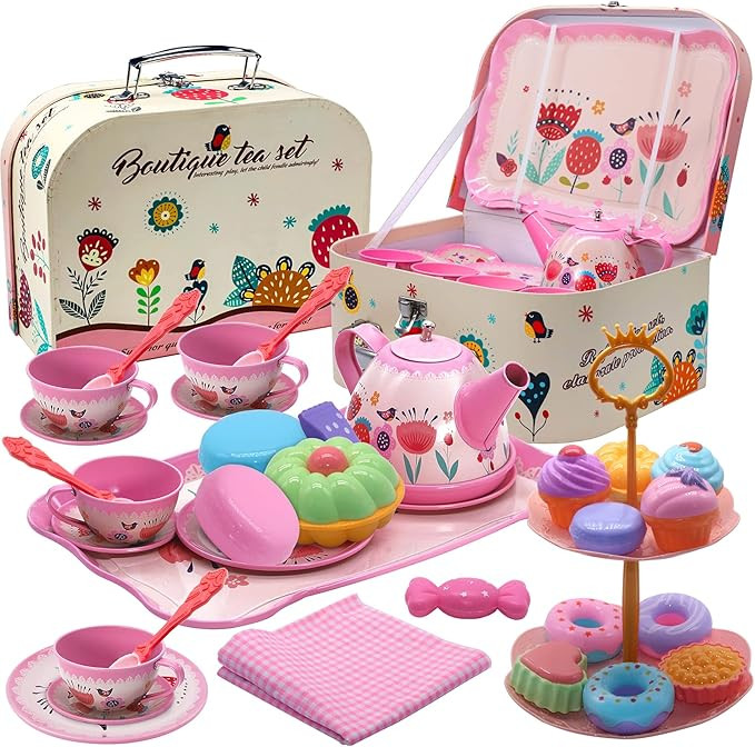 Tea Party Set for Little Girls, 35 Pcs Princess Tea Time Accessories with Carrying Case Tableclot... | Amazon (US)