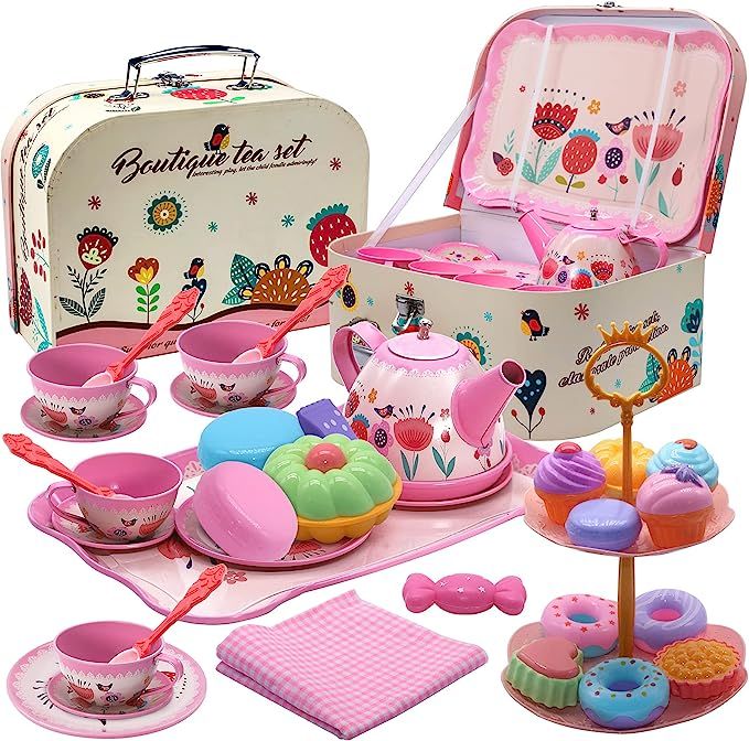 Tea Party Set for Little Girls, 35 Pcs Princess Tea Time Accessories with Carrying Case Tableclot... | Amazon (US)