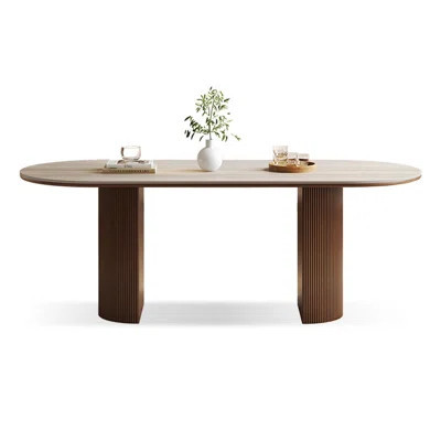 Beige+Nut-brown Oval Stone+Manufactured Wood Dining Table | Wayfair North America