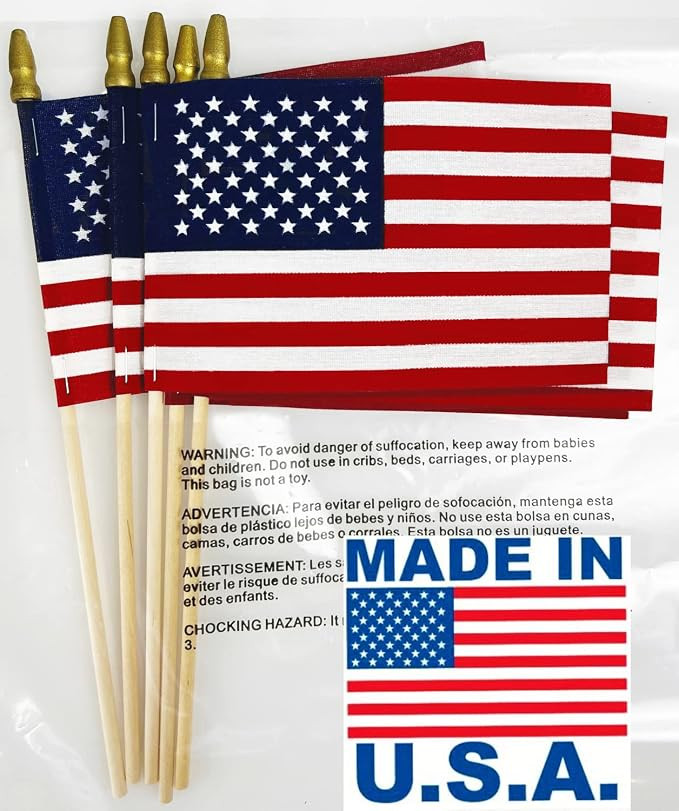 12-Pack 12x18" American Stick Flags – Made in USA, Handheld with 30" Wooden Pole & Gold Spear T... | Amazon (US)