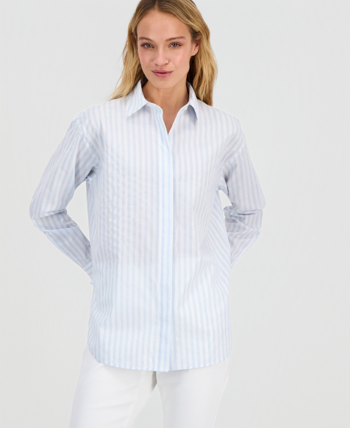Anne Klein Women's Striped Drop-Shoulder Button Up Shirt - Opal Blue Multi | Macy's