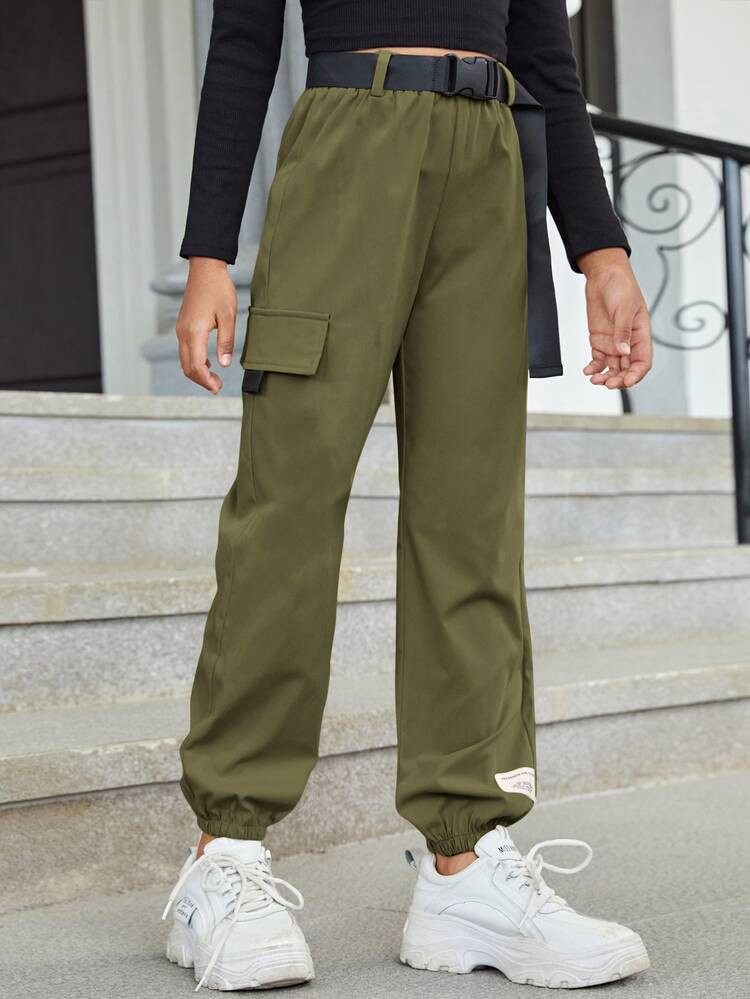 SHEIN Girls Flap Pocket Buckle Belted Cargo Pants | SHEIN