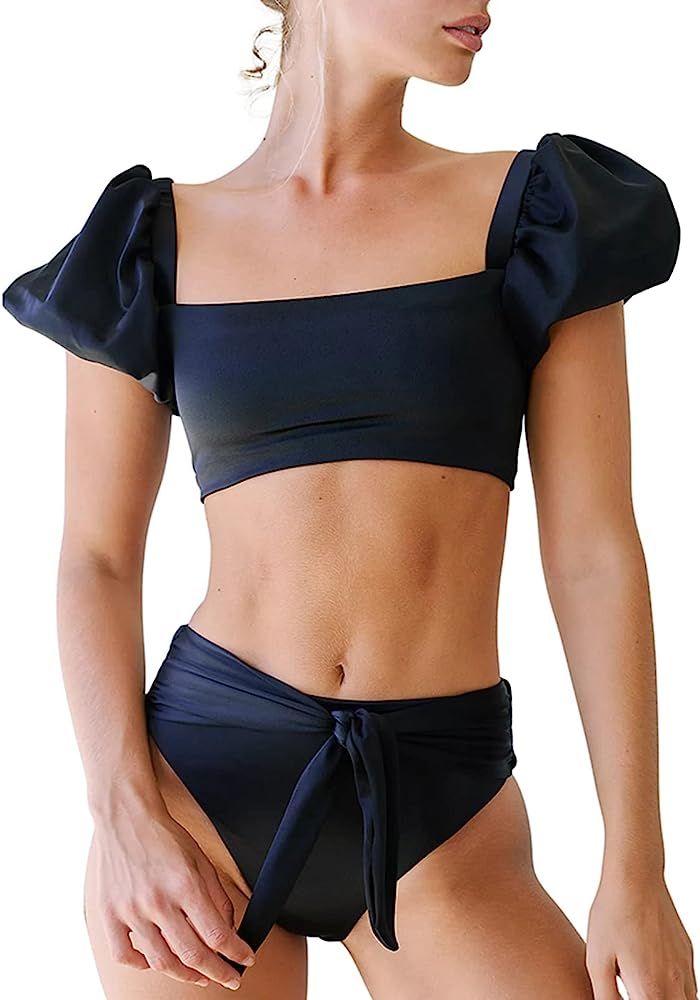 Hilinker Women's High Waisted Swimsuit Puff Sleeve Tie Knot Swimwear 2 Piece Bathing Suit | Amazon (US)