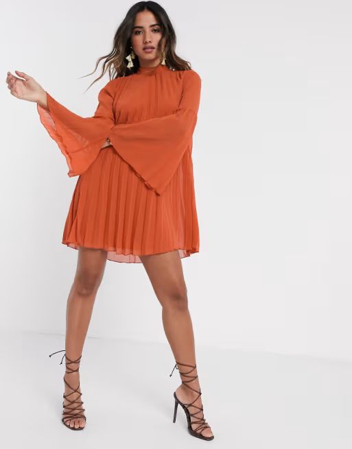 ASOS DESIGN pleated trapeze mini dress with fluted sleeve in rust | ASOS (Global)