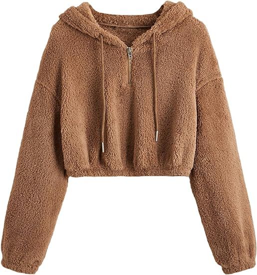 Verdusa Women's Long Sleeve Faux Fur Half Zip Fuzzy Crop Hoodie Teddy Sweatshirt | Amazon (US)