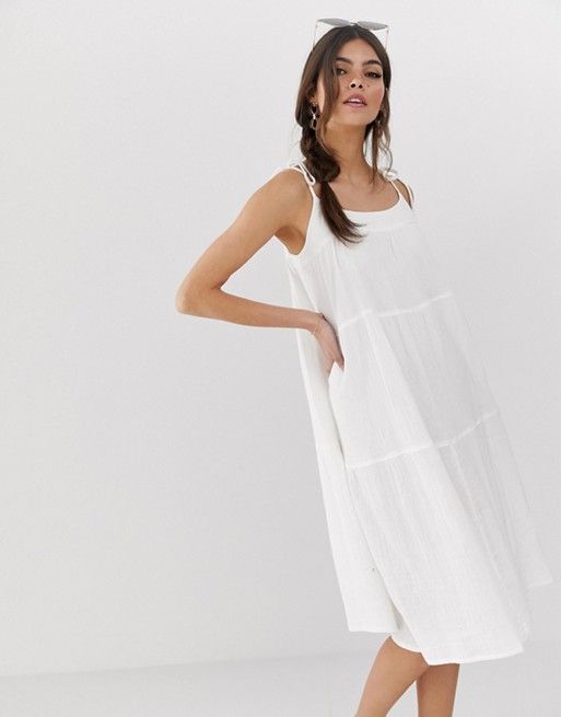 ASOS DESIGN cheesecloth tiered midi sundress with tie straps | ASOS UK
