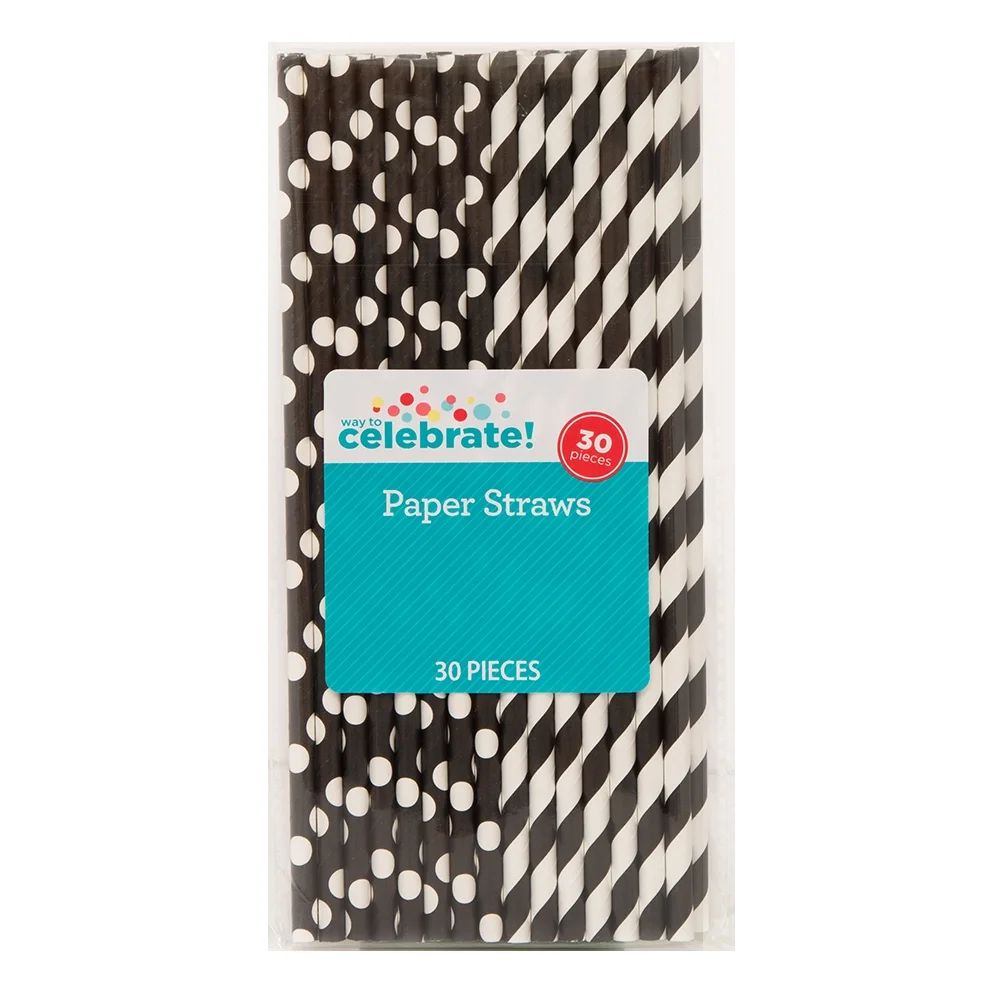 Way to Celebrate! Black Polka Dot & Striped Paper Straws, 30ct | Walmart (US)