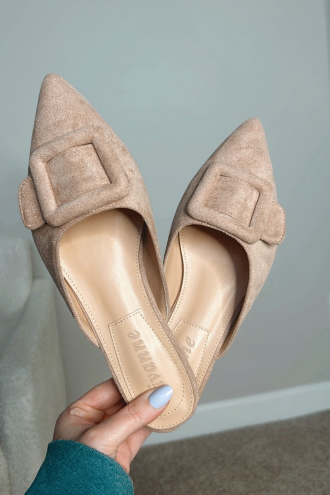 Nude suede mules - they are slightly pink. They come in a ton of other colors and run tts - I always size up a half size in mules so I got the sz 8

#LTKworkwear #LTKshoecrush #LTKfindsunder50