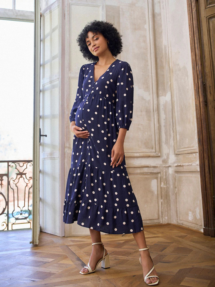 Seraphine Navy Blue Polka Dot Button Through V-Neck Maternity & Nursing Dress | Next US