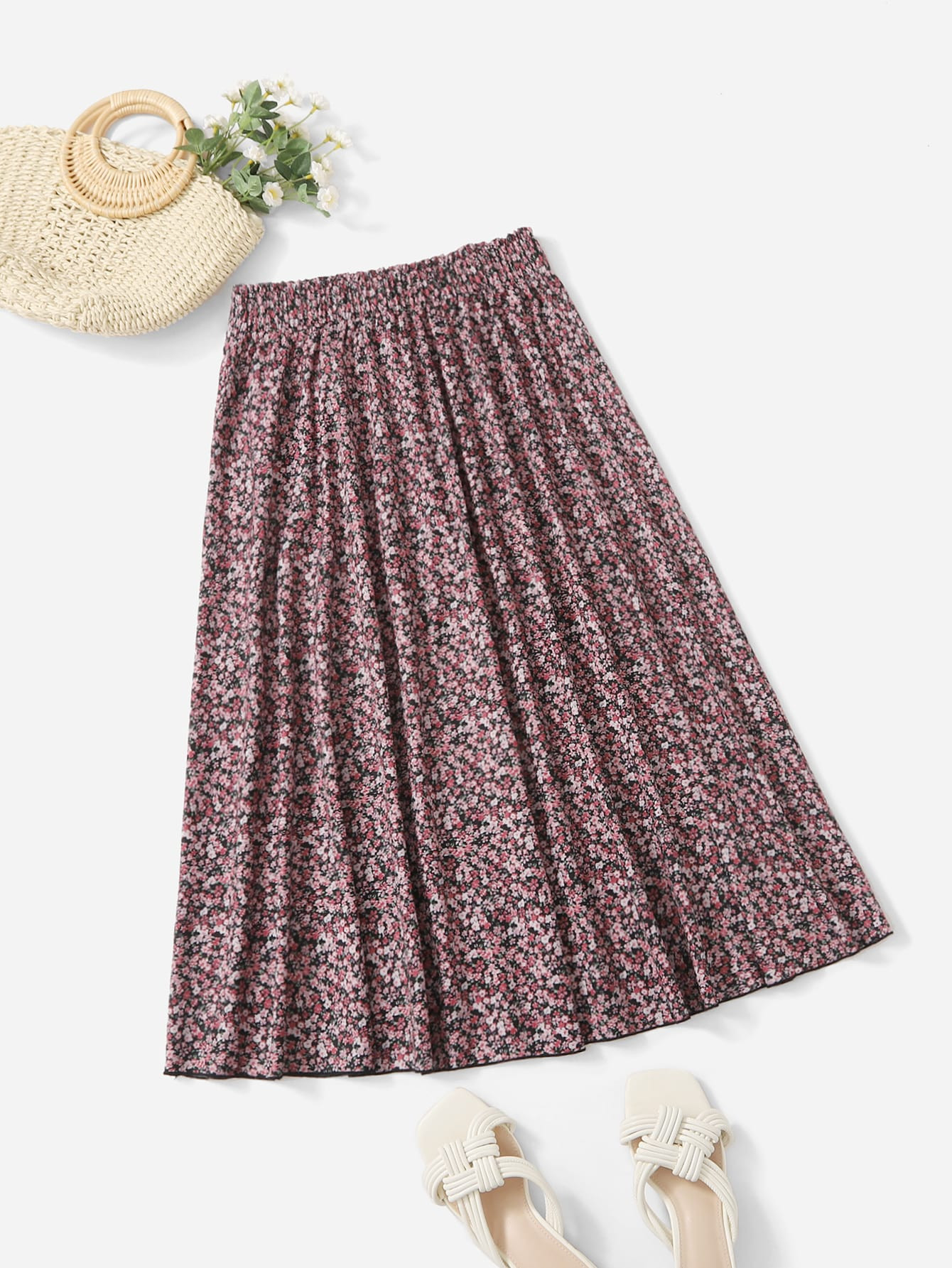 Plus Ditsy Floral Frill Trim Elastic Waist Skirt | SHEIN