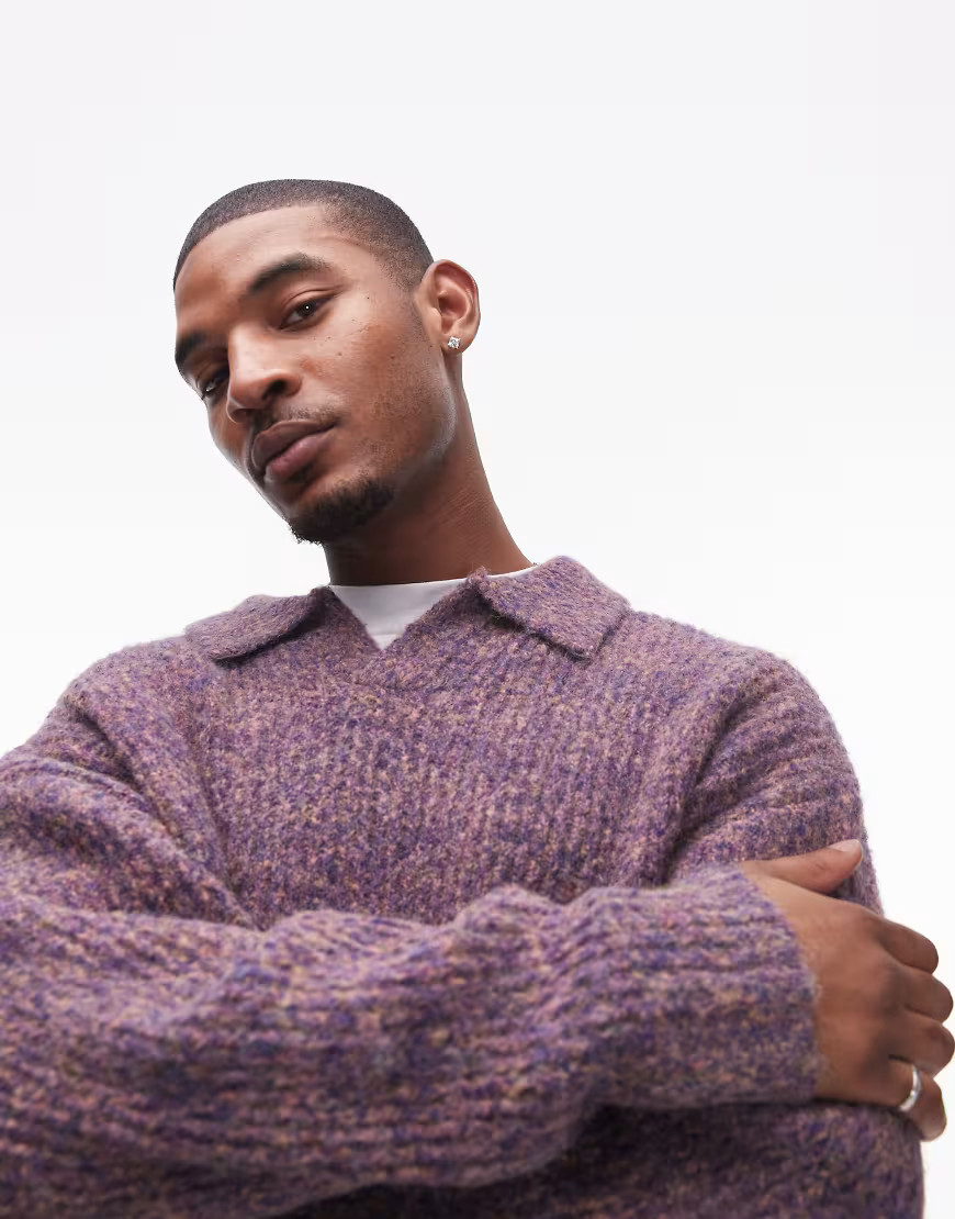 Topman relaxed open collar sweater in purple heather | ASOS (Global)