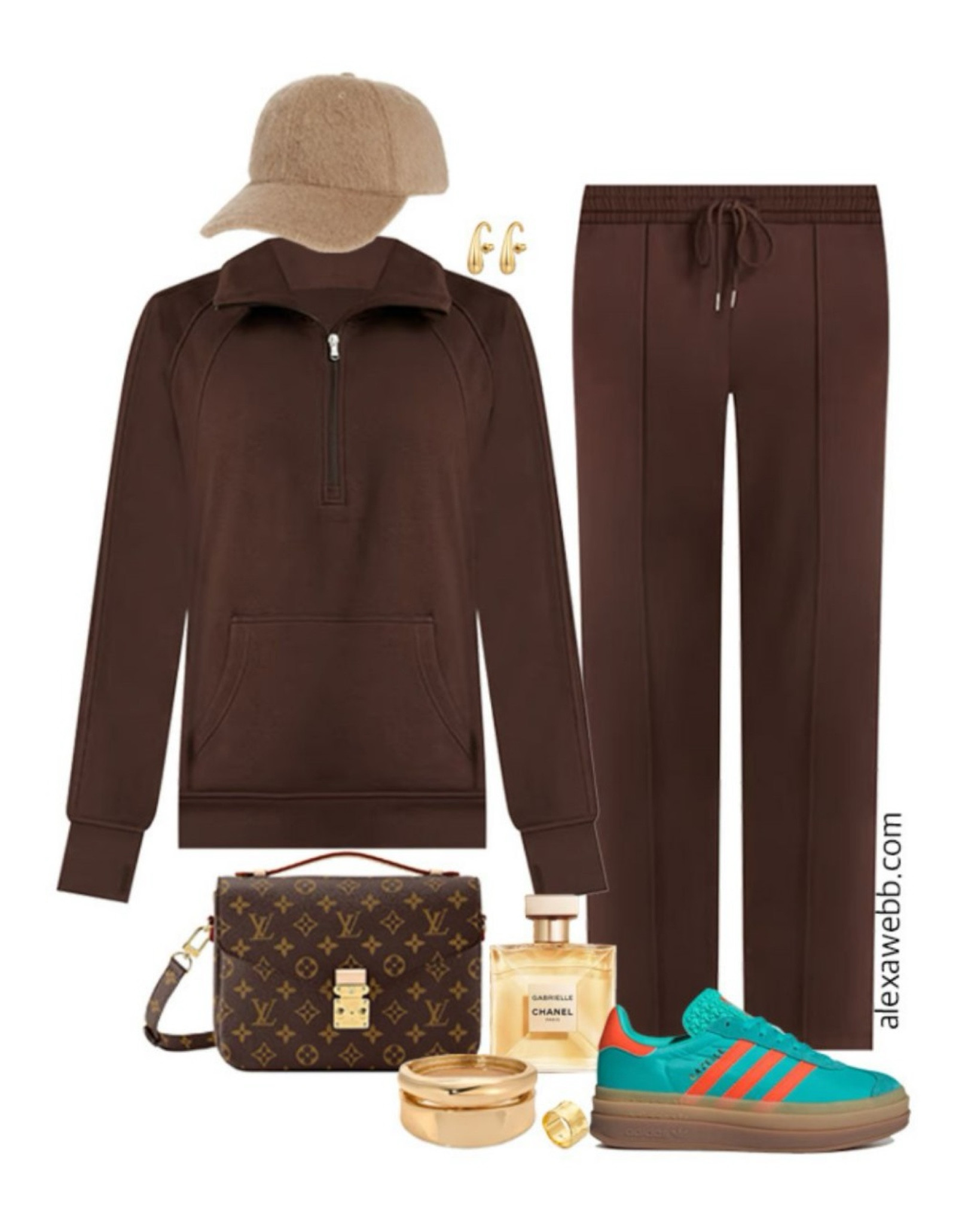 Plus Size Brown Athleisure Set - A plus size comfortable easy outfit idea with a quarter-zip fleece sweatshirt with matching wide leg sweatpants. Wear it with some bright aqua and orange adidas platform sneakers, a cashmere baseball cap, and a Louis Vuitton monogram crossbody bag. Wear this look for errands or casual outings. A trendy athleisure outfit for fall and winter. Alexa Webb #plussize

#LTKOver40 #LTKStyleTip #LTKPlusSize