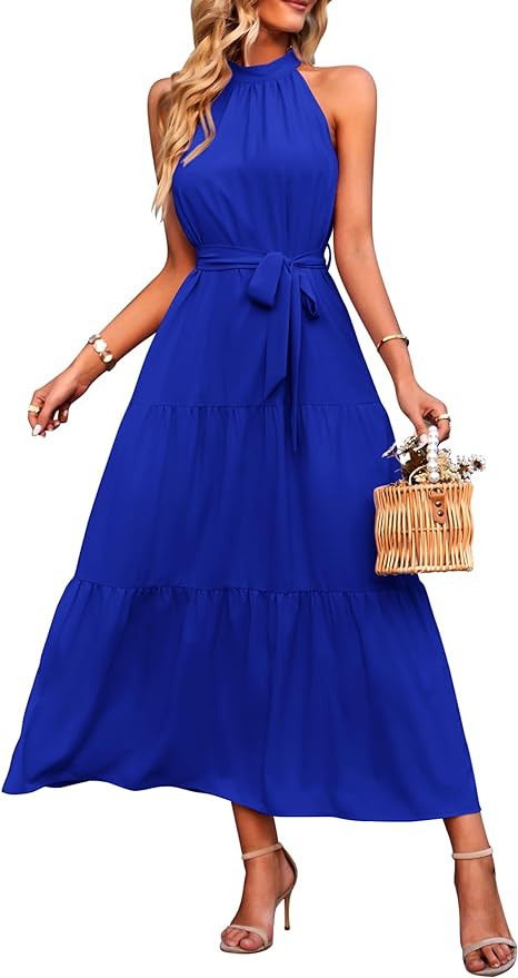 PRETTYGARDEN Women's Summer Floral Maxi Sun Dress Sleeveless Halter Neck Flowy Ruffle Hem Long Bo... | Amazon (US)