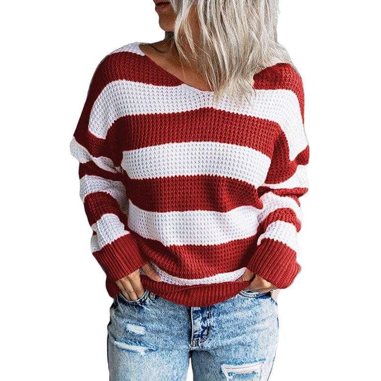 Avamo Stripe Sweater for Women Winter Fall Casual Tunic Tops Color Block Long Sleeve V Neck Knit ... | Walmart (US)