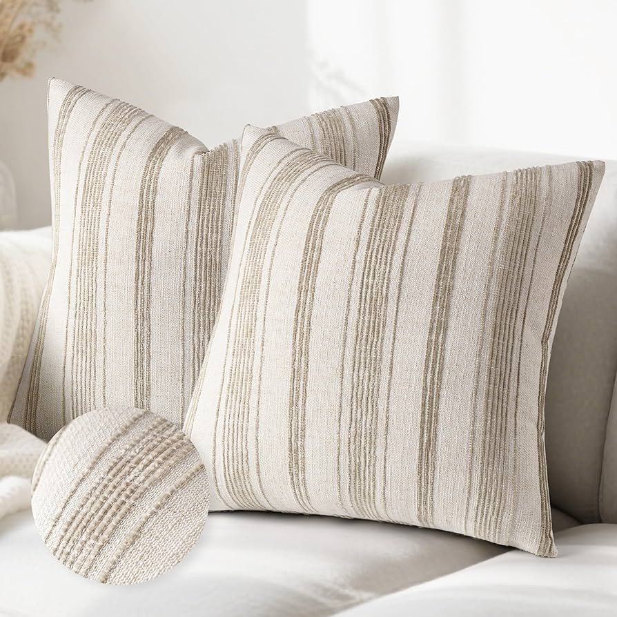 AELS 20x20 Decorative Farmhouse Linen Throw Pillow Covers, Beige with Brown Chenille Striped Pill... | Amazon (US)