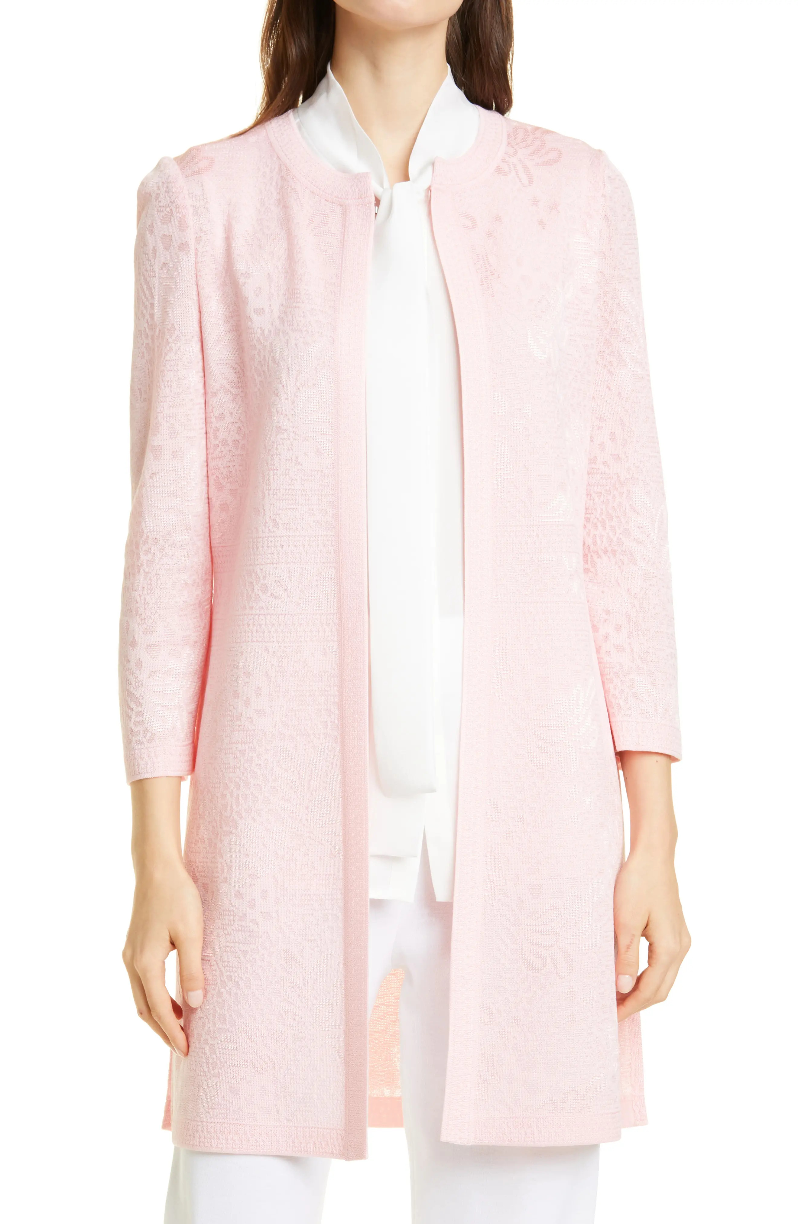 Misook Floral Jacquard Open Front Blazer in Pink Clay at Nordstrom, Size Large | Nordstrom