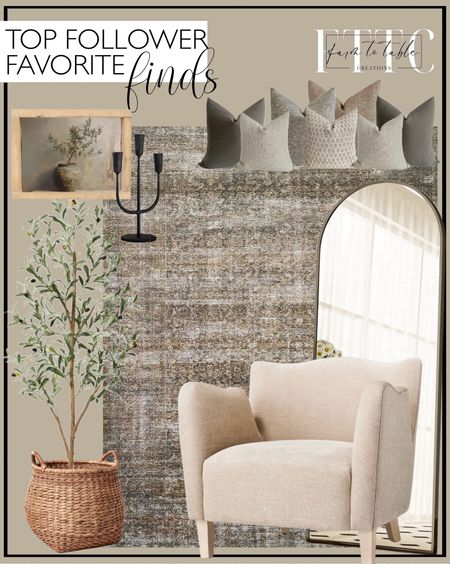 Top Follower Favorite Finds. Follow @farmtotablecreations on Instagram for more inspiration.

BEAUTYPEAK 64"x21" Full Length Mirror Arched Standing Floor Mirror Full Body Mirror, Black. 5 ft Artificial Olive Plants with Realistic Leaves and Natural Trunk, Silk Fake Potted Tree with Wood Branches and Fruits, Faux Olive Tree for Office Home Decor. Loloi Amber Lewis x Loloi Billie Collection BIL-06 Tobacco / Rust. Wing Arm Accent Chair Velvet Beige - Threshold. Large Woven Basket with Handles. Hackner Home Sectional Pillow Combo. IRON 3 ARM CANDLELABRA. Vintage Framed Print Antique Pot. LuxeBCo items on sale. Use code NEW2024 for 15% off Hackner Home Pillow Covers  

#LTKfindsunder50 #LTKsalealert #LTKhome