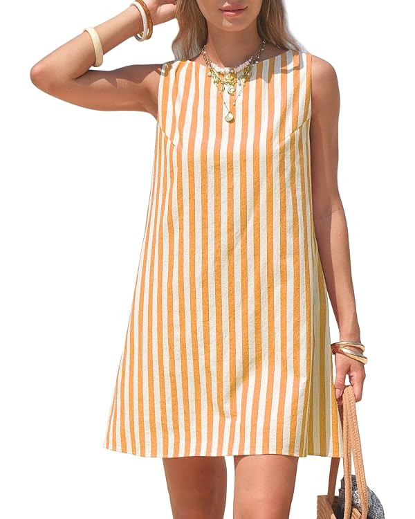 EXLURA Women Summer 100% Cotton Faux Linen Dresses Sleeveless Striped A-Line Mini Sundress Beach ... | Amazon (US)