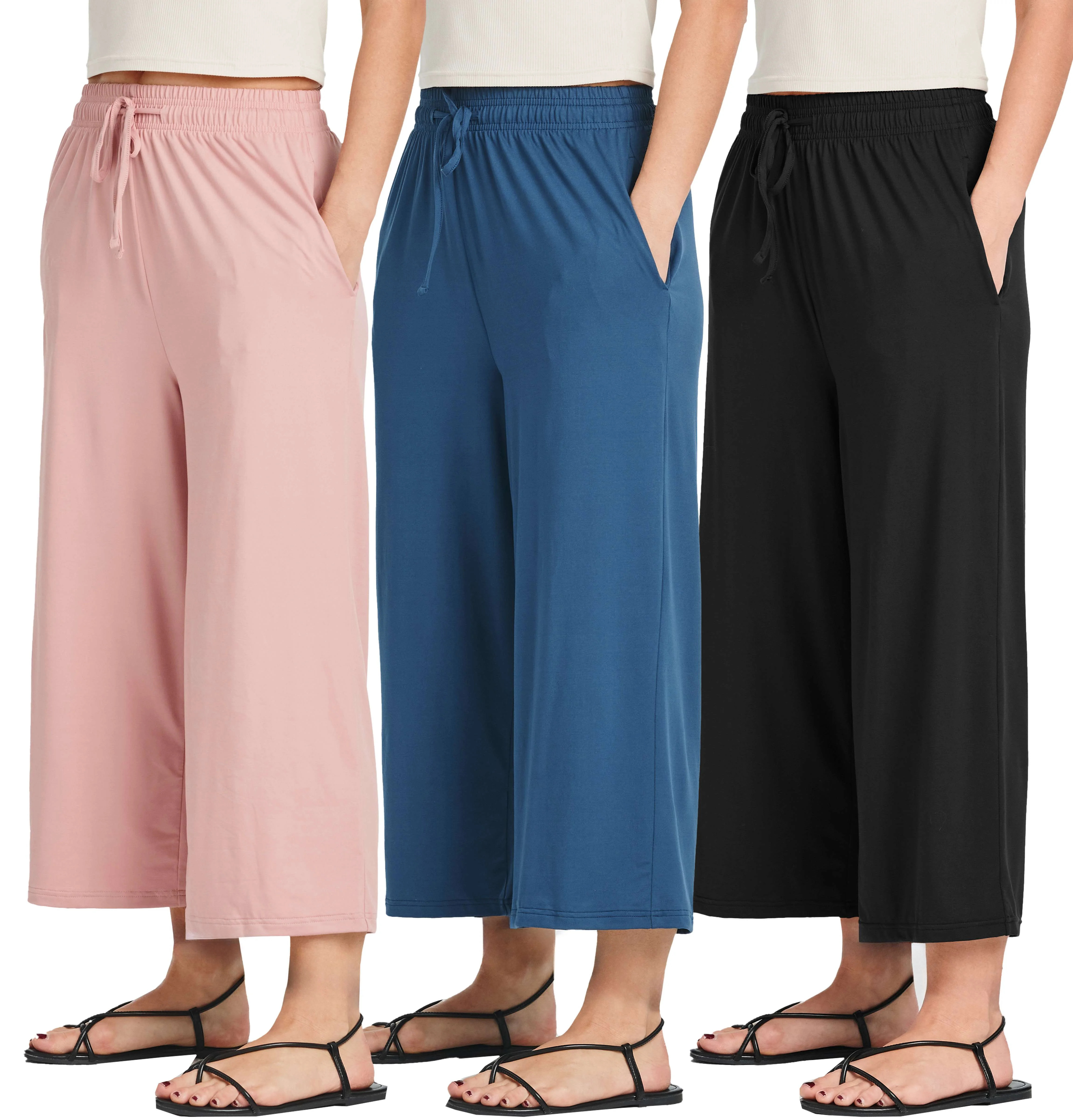 Real Essentials 3 Pack: Women's Ultra-Soft Wide Leg Loose Capri Open Bottom Pants - Yoga Lounge P... | Walmart (US)
