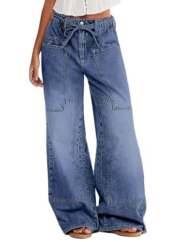 Flamingals Wide Leg Jeans for Women Drawsting Mid Waist Baggy Jeans Belted Wash Stitch Detai Trouser Jeans Mid Blue M | Amazon (US)