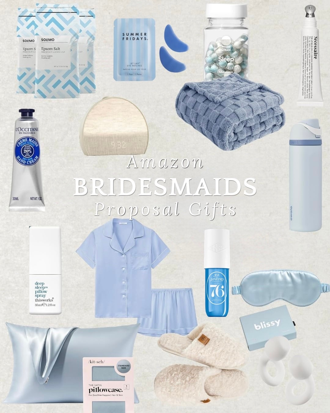 Amazon Bridesmaid proposal gift ideas 💙
bridesmaid proposal box, blue aesthetic gifts, bridesmaid proposal ideas, wedding planning checklist, bridal party gifts, cozy gift box ideas, spa gift set, self care gift basket, satin pajamas, silk pillowcase, sleep essentials, bridesmaid proposal inspiration.

#bridesmaidproposal #bridesmaidgifts #weddingplanning #bridalparty #giftbasketideas #selfcaregifts #cozygifts #bridesmaidinspo #weddinginspo #bridetobe #proposalbox #giftideas #aestheticgifts #bridalshowergifts

#LTKHome #LTKWedding #LTKBeauty
