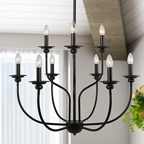 LALUZ Farmhouse Chandelier, Dining Room Lighting Fixtures Hanging in Black Metal Finish, 2-Tier 9... | Amazon (US)